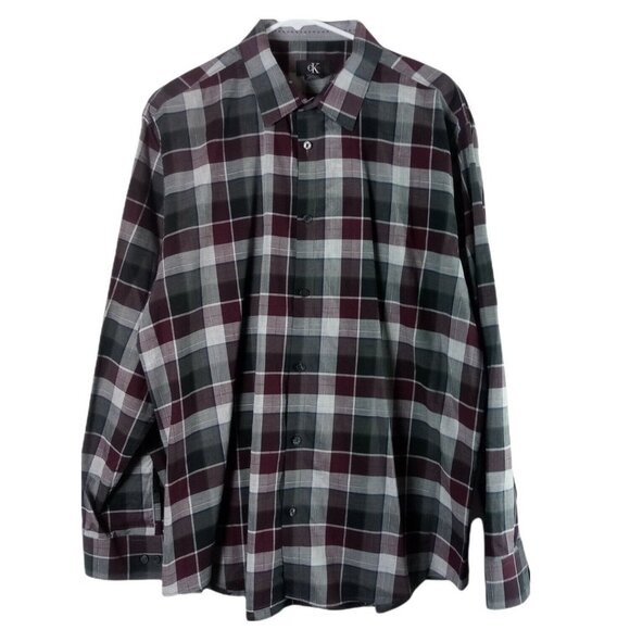 Calvin Klein Mens Windowpane Check Long Sleeve Shirt Burgundy Gray Large Winter - Picture 1 of 4